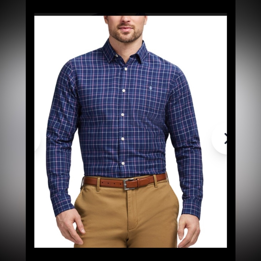 NWT IZOD Luxe Touch Men’s Plaid Button Down Blue Shirt Sz XXL